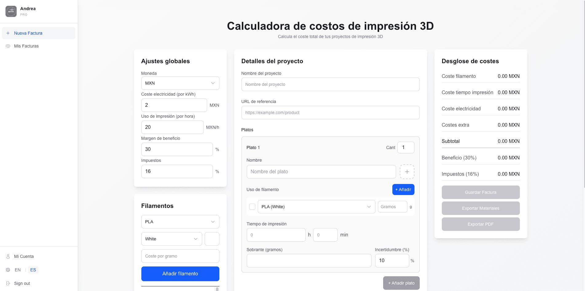 Captura de pantalla de 3D Cost Calculator